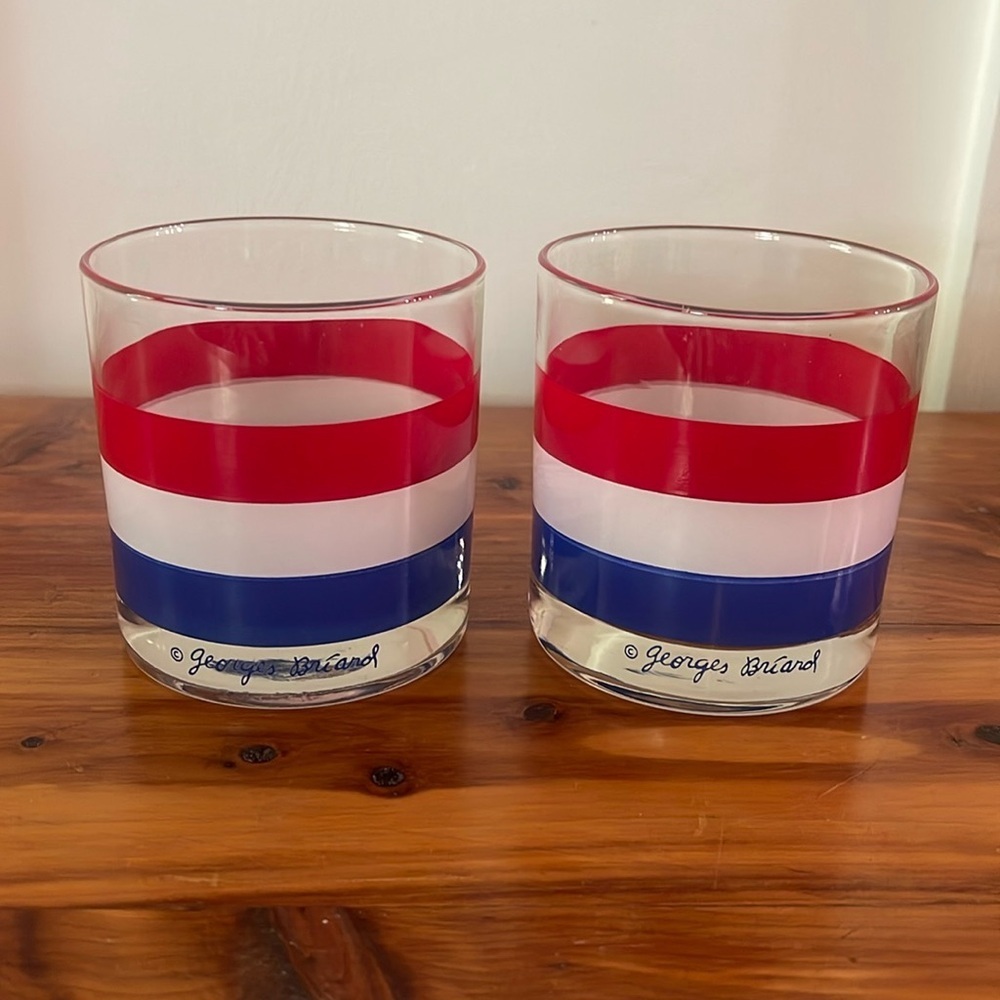 Vtg Georges Briard Lowball Red White & Blue Striped Rocks Glasses Set of 2